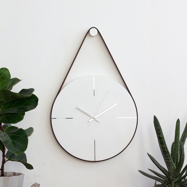 White/Silver Minimalist Wall Clock, Concrete Clock, Unique Wall Clock, Modern Wall Clock, Large Wall Clock, Leather Strap Wall Hanging Clock