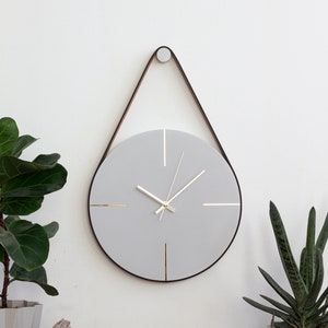 Grey/Gold Modern Wall Clock, Unique Wall Clock, Concrete Wall Clock, Minimalist Wall Clock, Leather Clock, Leather Strap Wall Hanging Clock
