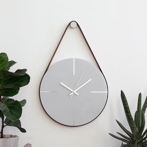 Grey/Silver Concrete Wall Clock, Unique Wall Clock, Minimalist Wall Clock, Modern Wall Clock, Large Wall Clock, Leather Strap Hanging Clock image 1