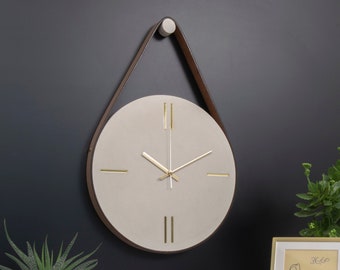 Concrete Wall Clock With Leather Stripe, Modern Wall Clock, Minimal Wall Clock, Outdoor Wall Clock, Clock For Wall, Large Wall Clock, Cement