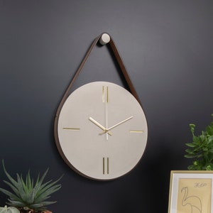 Concrete Wall Clock With Leather Stripe, Modern Wall Clock, Minimal Wall Clock, Outdoor Wall Clock, Clock For Wall, Large Wall Clock, Cement