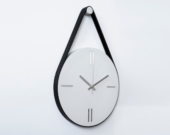 Minimalist Concrete Wall Clock with Black Faux Leather Strap