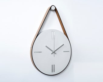 Concrete Wall Clock With Brown Leather Strap, Modern Wall Clock, Minimal Wall Clock, Outdoor Wall Clock, Clock For Wall, Cement