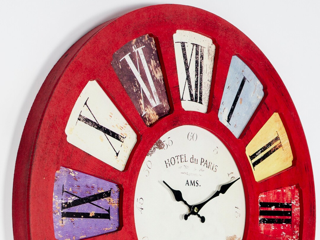 65 Cm 25.6 Large Wall Clock, Rustic Wall Clock, Rustic Decor, Red Wall