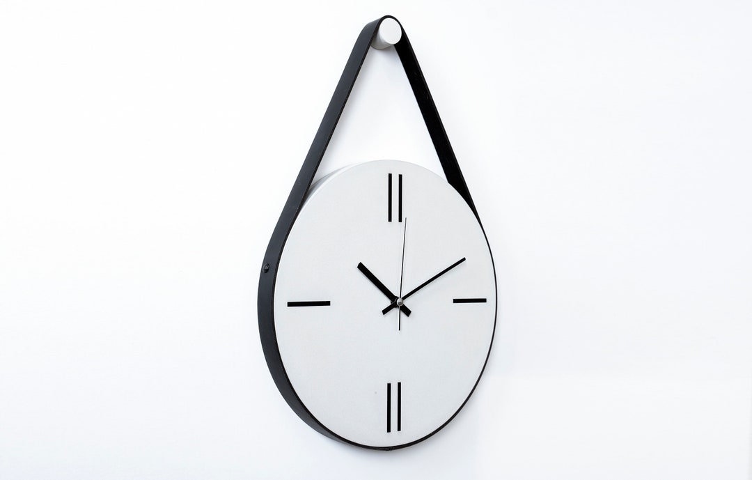 Concrete Wall Clock With Black Leather Strap, Modern Wall Clock