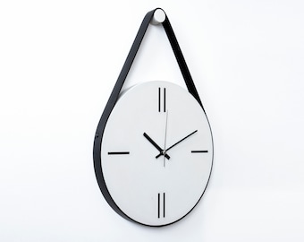 Handmade Concrete Wall Clock with Black Faux Leather Strap