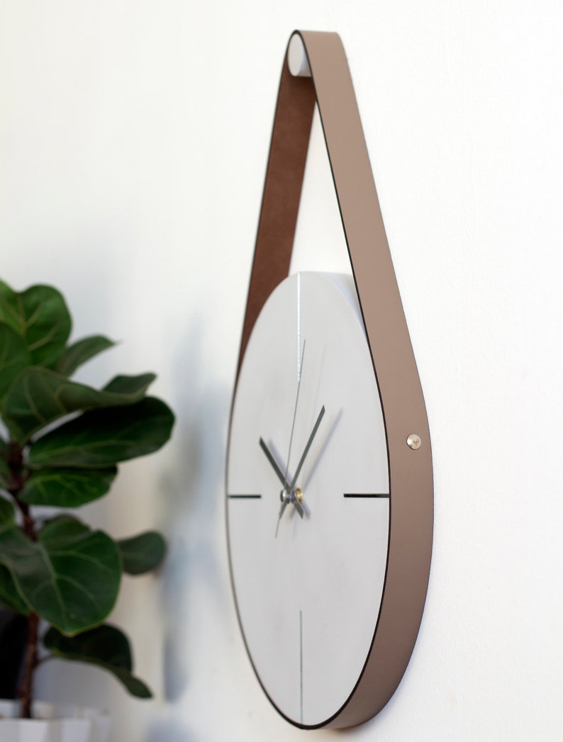 Grey/Silver Concrete Wall Clock, Unique Wall Clock, Minimalist Wall Clock, Modern Wall Clock, Large Wall Clock, Leather Strap Hanging Clock image 4