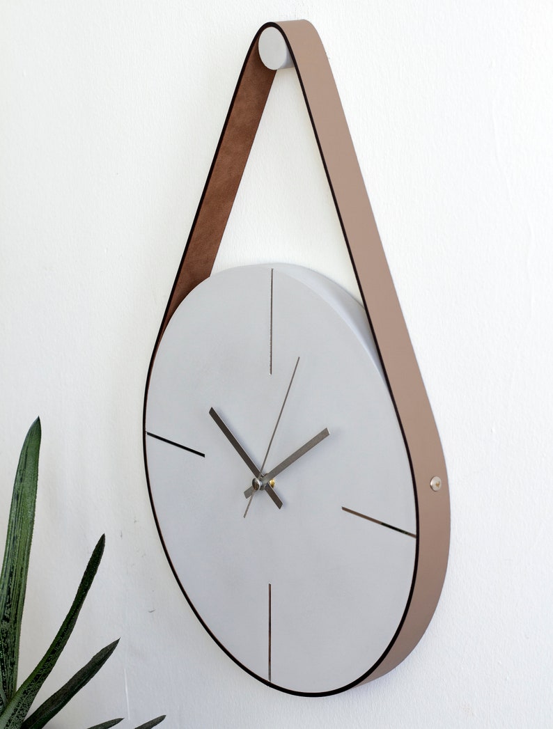 Grey/Silver Concrete Wall Clock, Unique Wall Clock, Minimalist Wall Clock, Modern Wall Clock, Large Wall Clock, Leather Strap Hanging Clock image 6