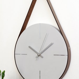 Grey/Silver Concrete Wall Clock, Unique Wall Clock, Minimalist Wall Clock, Modern Wall Clock, Large Wall Clock, Leather Strap Hanging Clock image 3