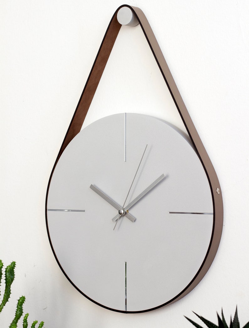 Grey/Silver Concrete Wall Clock, Unique Wall Clock, Minimalist Wall Clock, Modern Wall Clock, Large Wall Clock, Leather Strap Hanging Clock image 3