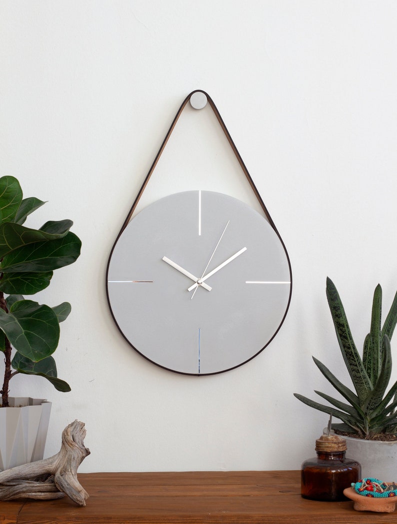 Grey/Silver Concrete Wall Clock, Unique Wall Clock, Minimalist Wall Clock, Modern Wall Clock, Large Wall Clock, Leather Strap Hanging Clock image 1