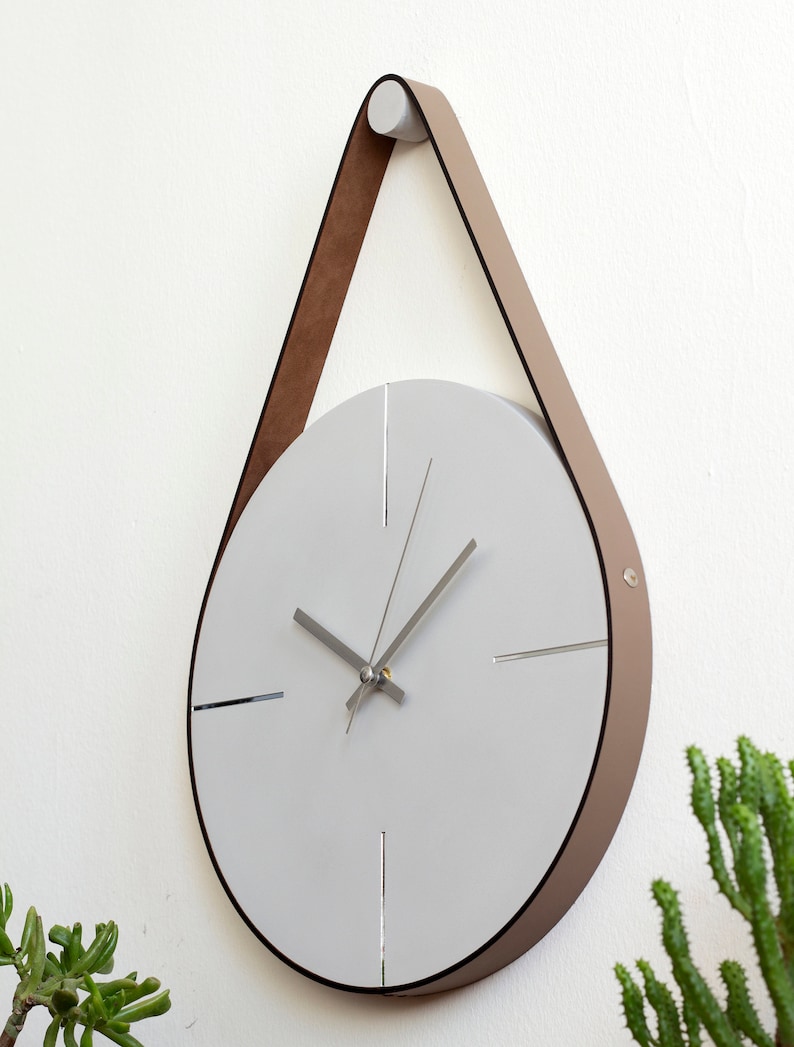 Grey/Silver Concrete Wall Clock, Unique Wall Clock, Minimalist Wall Clock, Modern Wall Clock, Large Wall Clock, Leather Strap Hanging Clock image 5