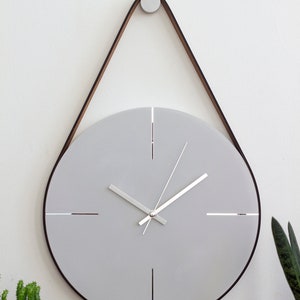 Grey/Silver Concrete Wall Clock, Unique Wall Clock, Minimalist Wall Clock, Modern Wall Clock, Large Wall Clock, Leather Strap Hanging Clock image 2