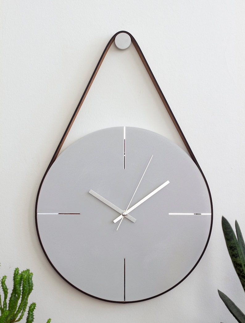 Grey/Silver Concrete Wall Clock, Unique Wall Clock, Minimalist Wall Clock, Modern Wall Clock, Large Wall Clock, Leather Strap Hanging Clock image 2