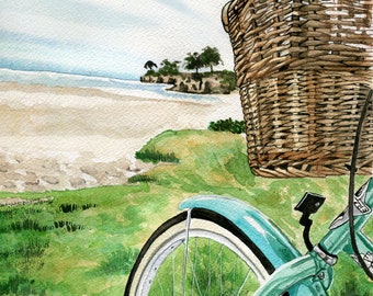 Beach Cruiser Watercolor Print, Home Decor, Wall Art