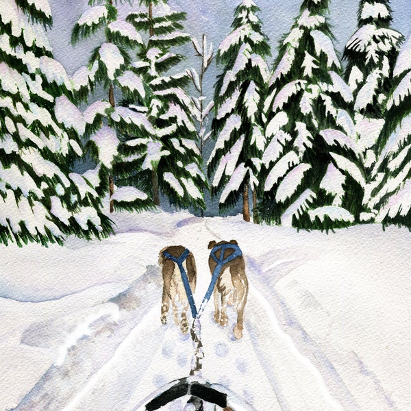 Mush!, dog sledding, watercolor print, mountain art, snow excursion