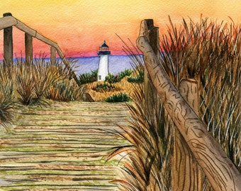 Lighthouse At Sunset Art, watercolor print, beach decor