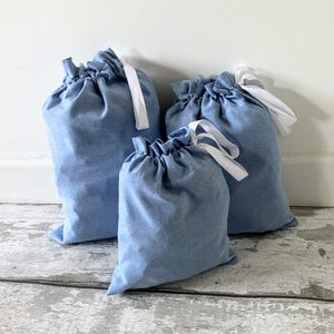 Drawstring Gift Bags: Light Blue Chambray Cotton Fabric. Reusable Present Wrap