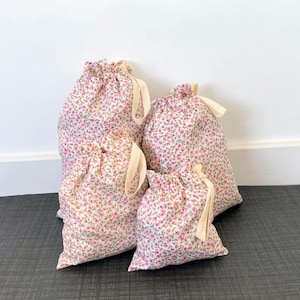 Drawstring Gift Bags: Ditsy Cream Pink Fabric. Reusable Present Wrap
