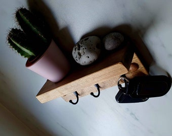 Oak Waxed Key holder For Wall With Shelf Rustic Reclaimed Wood / Key Rack for Wall Matt Black Hooks