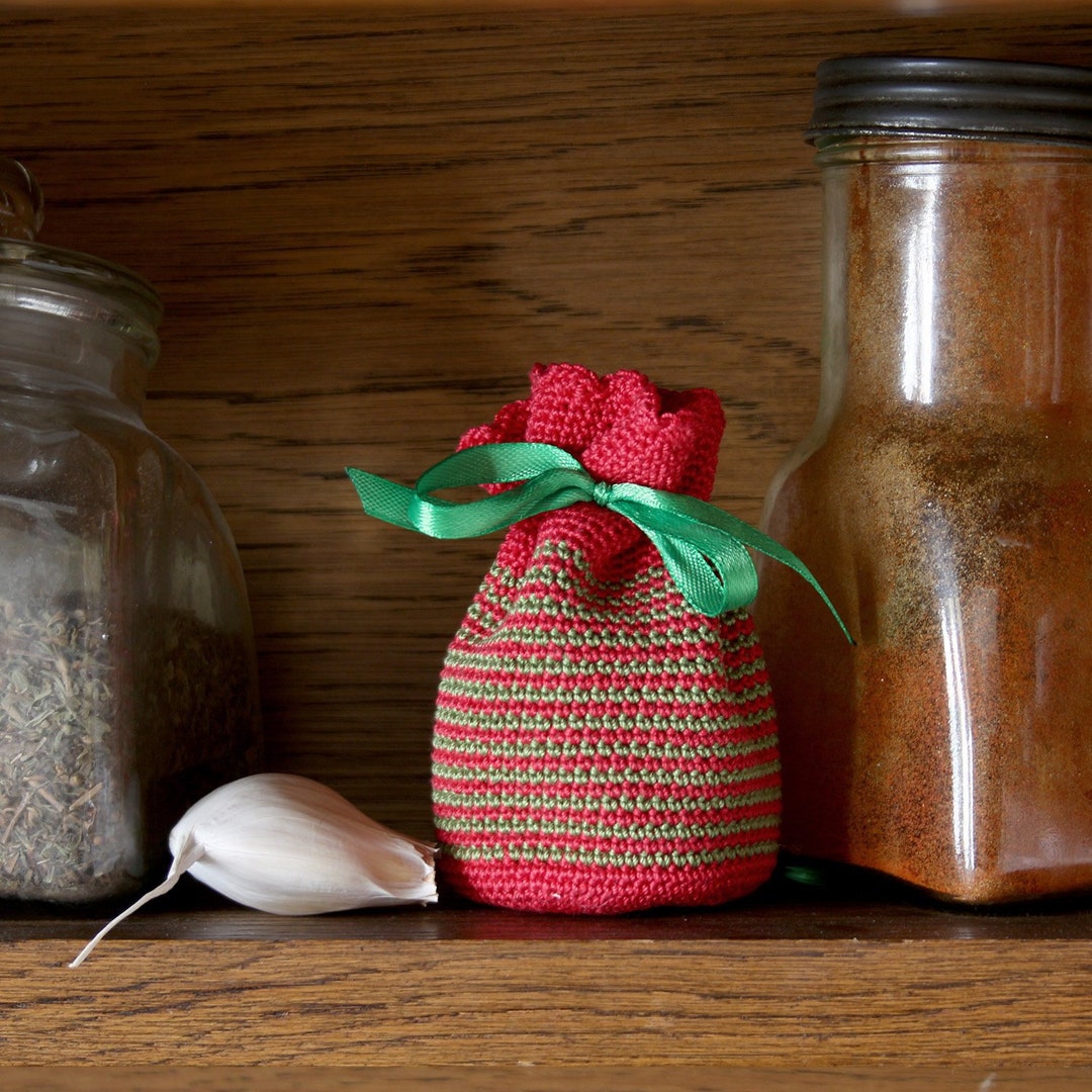 Small Crochet Bag for Jewelry, Red and Green Cotton Bag, Crochet