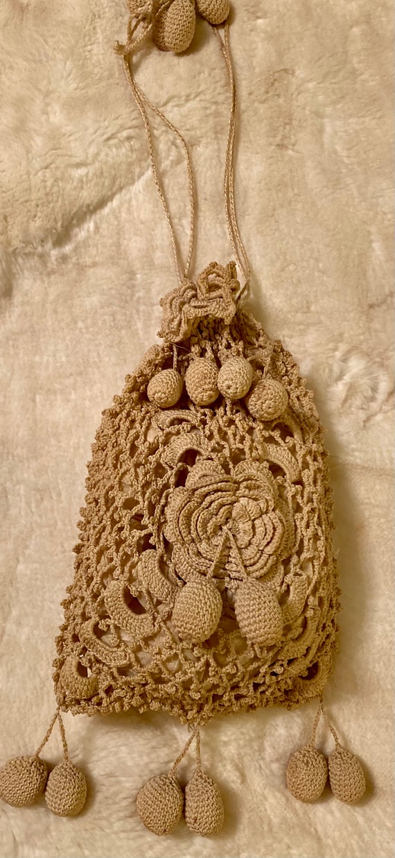 Antique 1900s crochet wristlet handbag - image 1