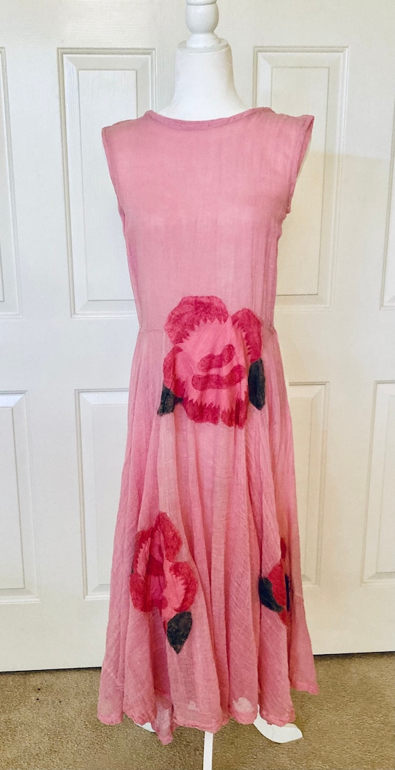 Very unique antique 20 s gauze pink garden dress