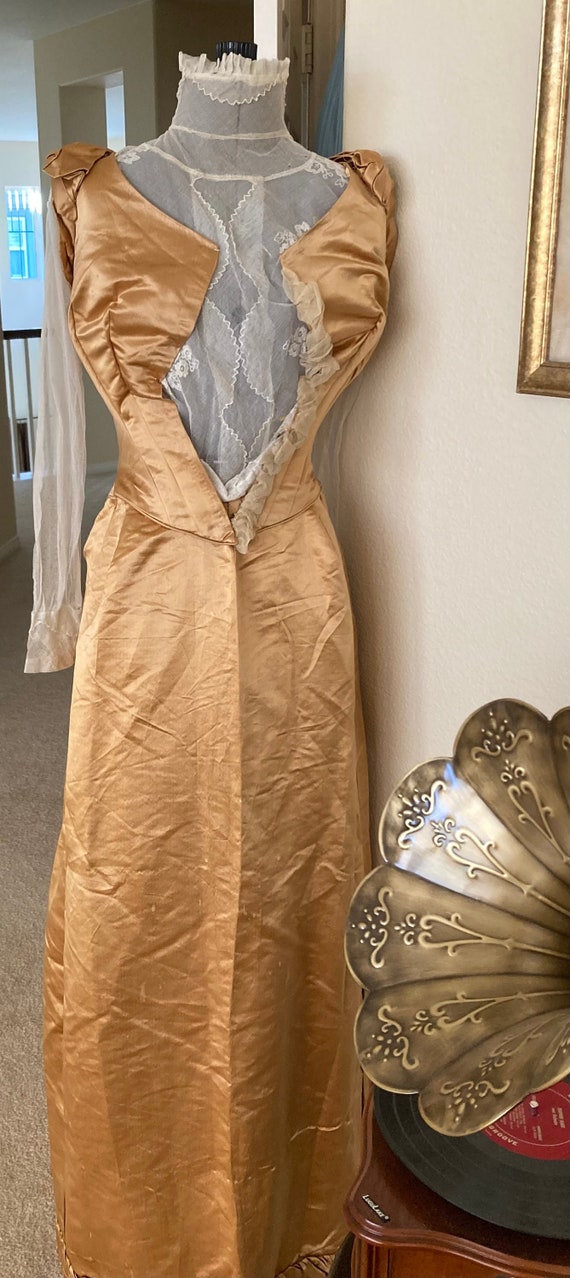 Spectacular Antique gold satin Victorian ball gown