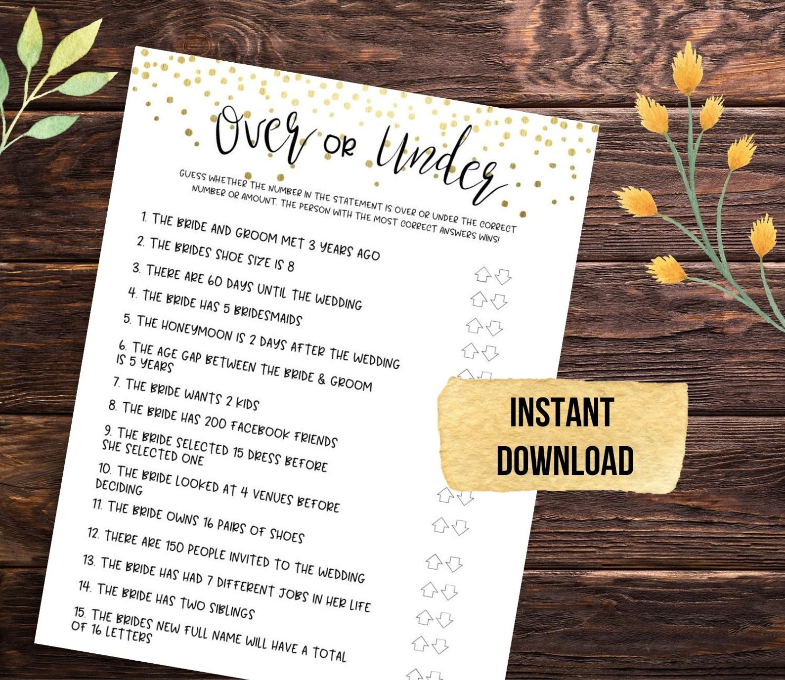 Gold Over or Under Game PRINTABLE, Bridal Shower DIY, Wedding Shower ...