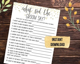 Gold What Did The Groom Say Game PRINTABLE, Bridal Shower Game, Instant Download, Printable Wedding Game, Groom Say Game, Wedding Shower