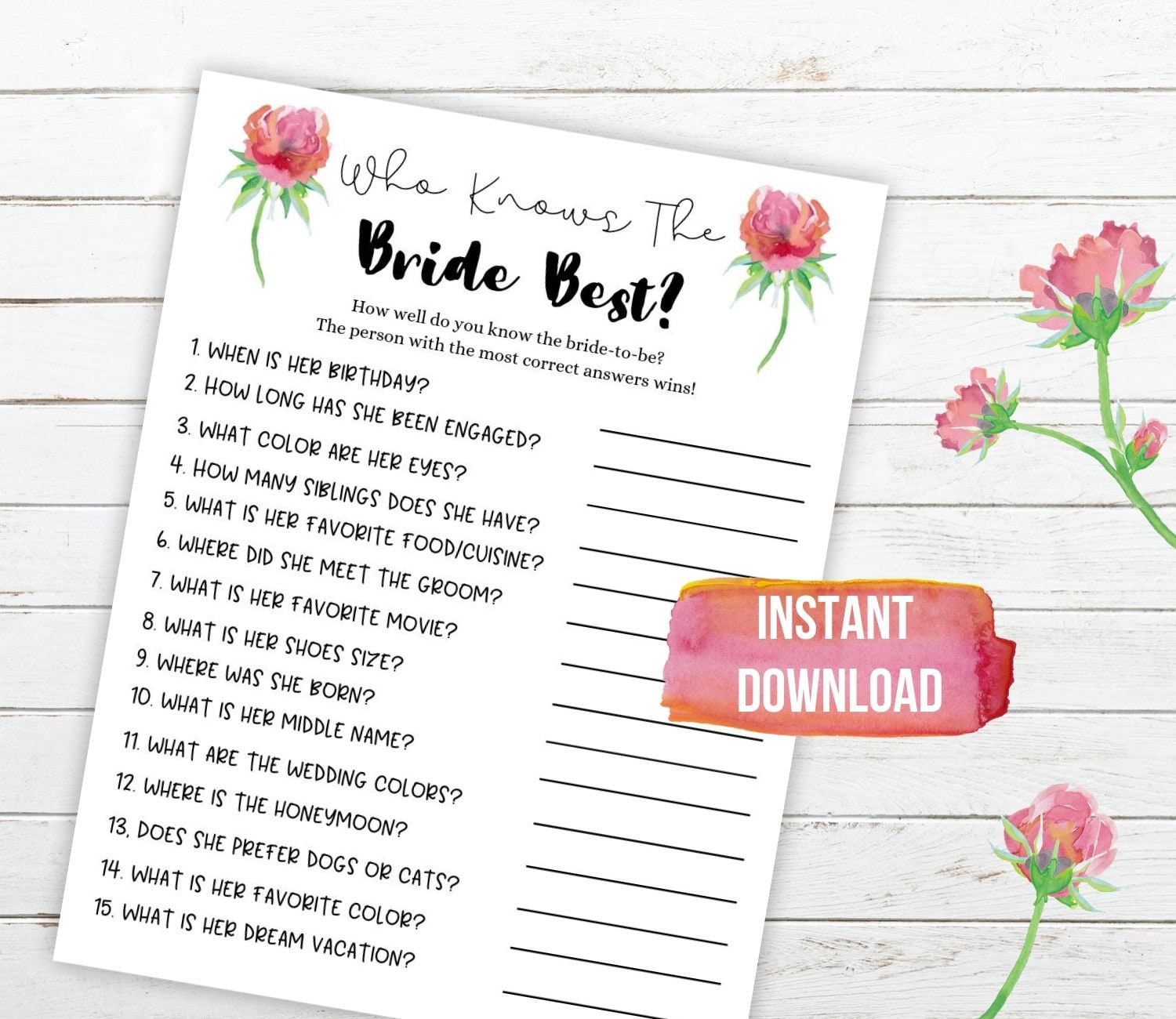 Who Knows the Bride Best Game PRINTABLE Floral Bridal Shower - Etsy