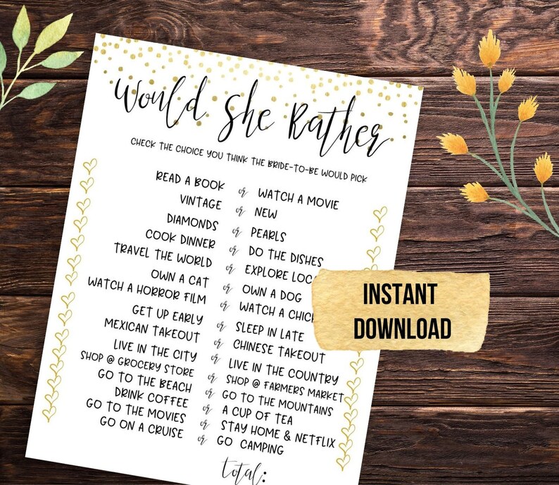 Would She Rather Bridal Shower Game Bridal Shower Game Etsy Would She 