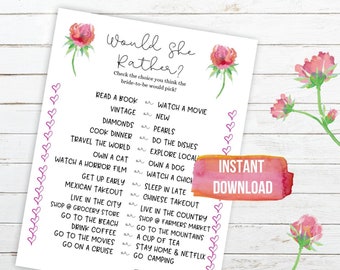 Would She Rather Game PRINTABLE, Floral Bridal Shower Games Printable, Bridal Shower Game Idea, Bridal Shower Instant Download, Game Card