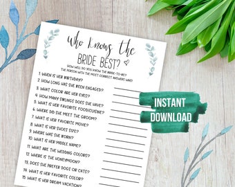 Who Knows The Bride Best Game PRINTABLE Bridal Shower Game, Wedding Shower Game, Instant Download, How Well Do You Know The Bride Game