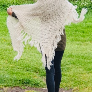 Hand Knitted Chunky Knit Tasseled Shawl/Wrap/Scarf in Merino Wool and Alpaca.