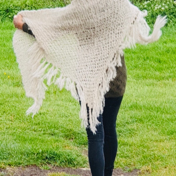 Hand Knitted Chunky Knit Tasseled Shawl/Wrap/Scarf in Merino Wool and Alpaca.