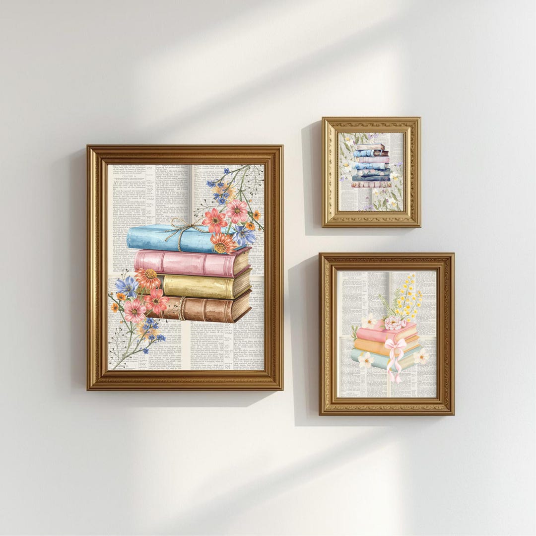 Floral Stacked Books on Paper | Book Lovers | Digital Print | Wall Art ...