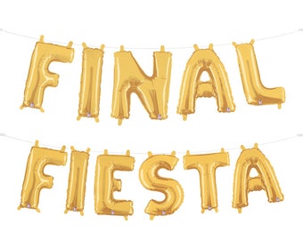 Banner z napisem Final Fiesta Balloon Letter w kolorze złotym 14", idealny do dekoracji wieczoru panieńskiego w stylu Fiesta