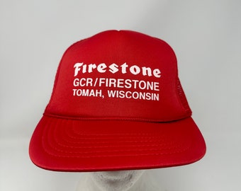 Vintage Firestone Tires Tomah Wisconsin SnapBack Hat Trucker Cap Red