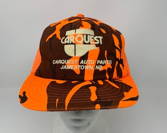 Vtg Carquest Naranja Camo SnapBack Sombrero Jamestown North Dakota Auto Car Trucker