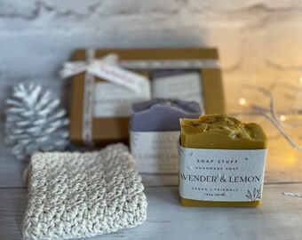 Handmade Soap Gift Set - Birthday Gift - Two Vegan Friendly Soaps & Crochet Face Cloth - in Gift Box