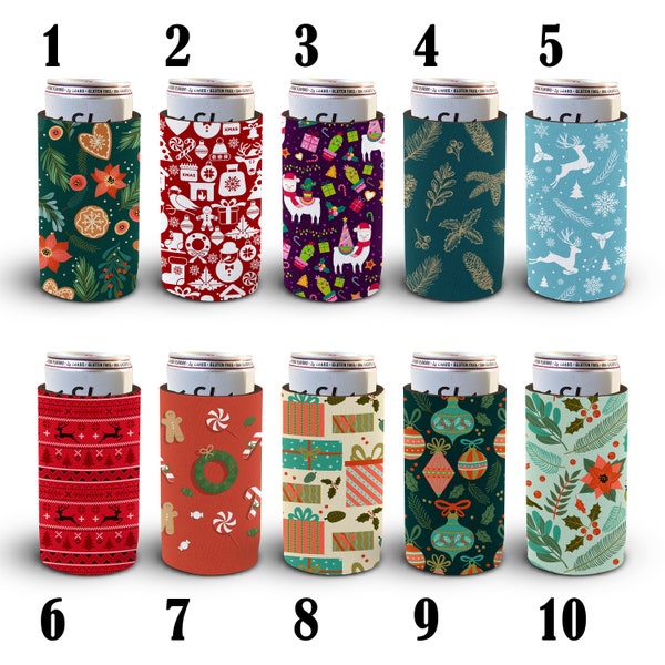 Christmas Slim, Skinny, Thin Can Coolers/ Choose Pattern / Add any text/ NEOPRENE/ Perfect for the Holidays/ Fits spiked seltzer cans