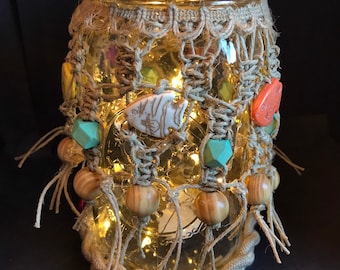 Colorful stone carved fish & wood beaded macrame lighted mason jar lantern, indoor household decor, table top, shelf light