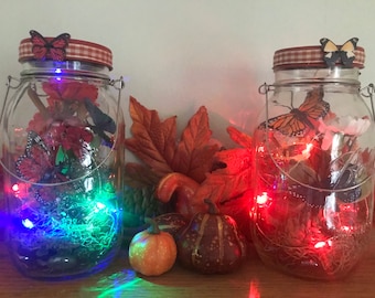 Fall butterfly garden mason jar multi colored flashing solar light lantern