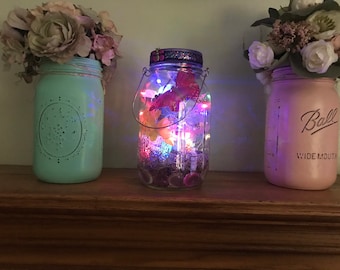 butterfly garden, mason jar solar light, hanging lantern, multicolor flashing string lights, indoor/outdoor, patio, deck, garden, table top