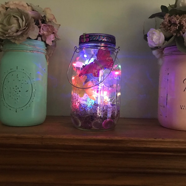 butterfly garden, mason jar solar light, hanging lantern, multicolor flashing string lights, indoor/outdoor, patio, deck, garden, table top