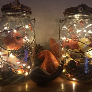 Fall decor filled hanging mason jar solar lantern,  fairy light string, outdoor garden, indoor tabletop light