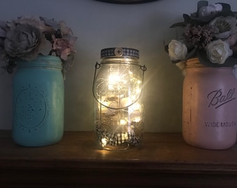 Rustic farmhouse decor, solar lighted hanging mason jar lantern, fairy string lights, indoor/outdoor, patio, deck, garden, tabletop