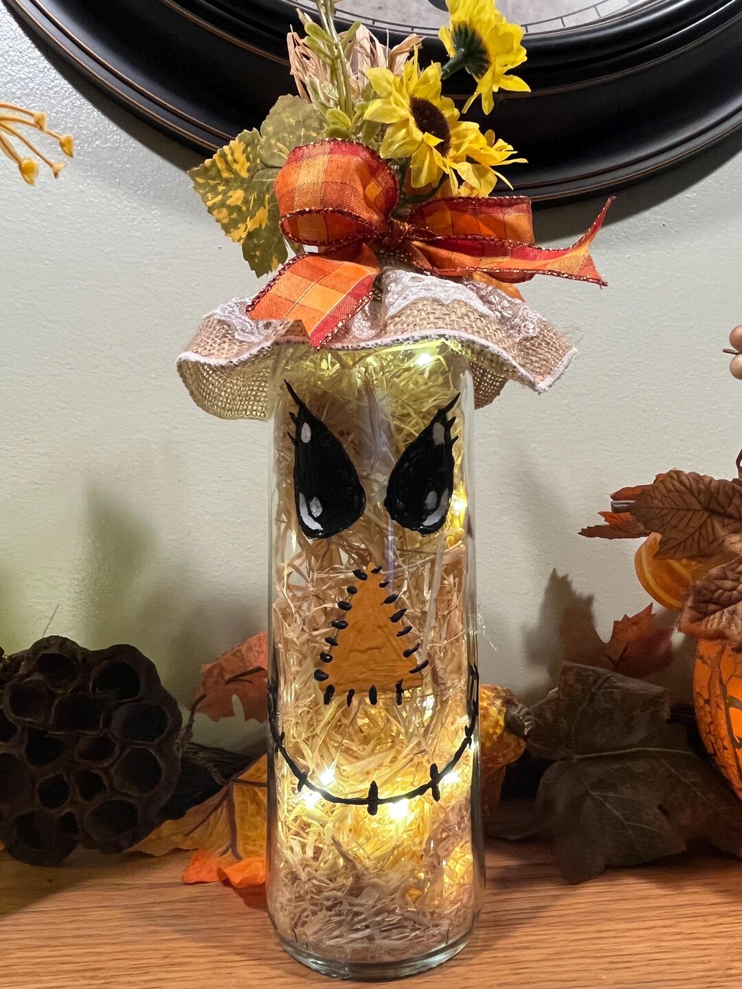 Mr Scarecrow-up Cycled Straw Filled Lighted Wine Bottle, Hand Painted ...