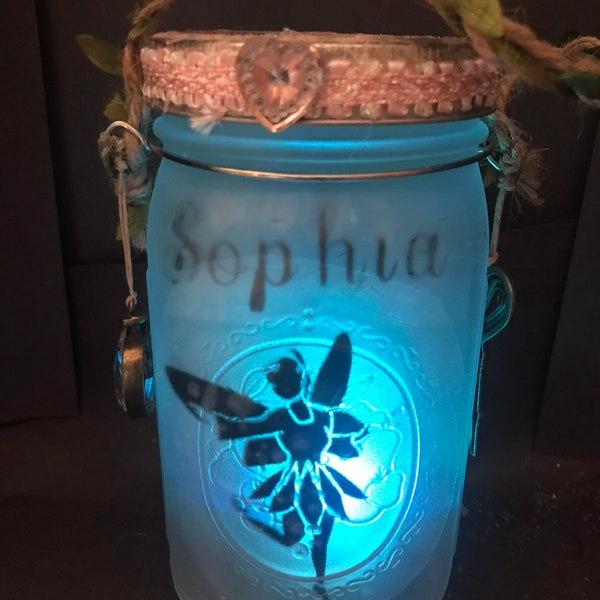 Fairy color changing frosted quart mason jar tea light lantern night light with rope vine handle perfect for little girl’s room~personalized